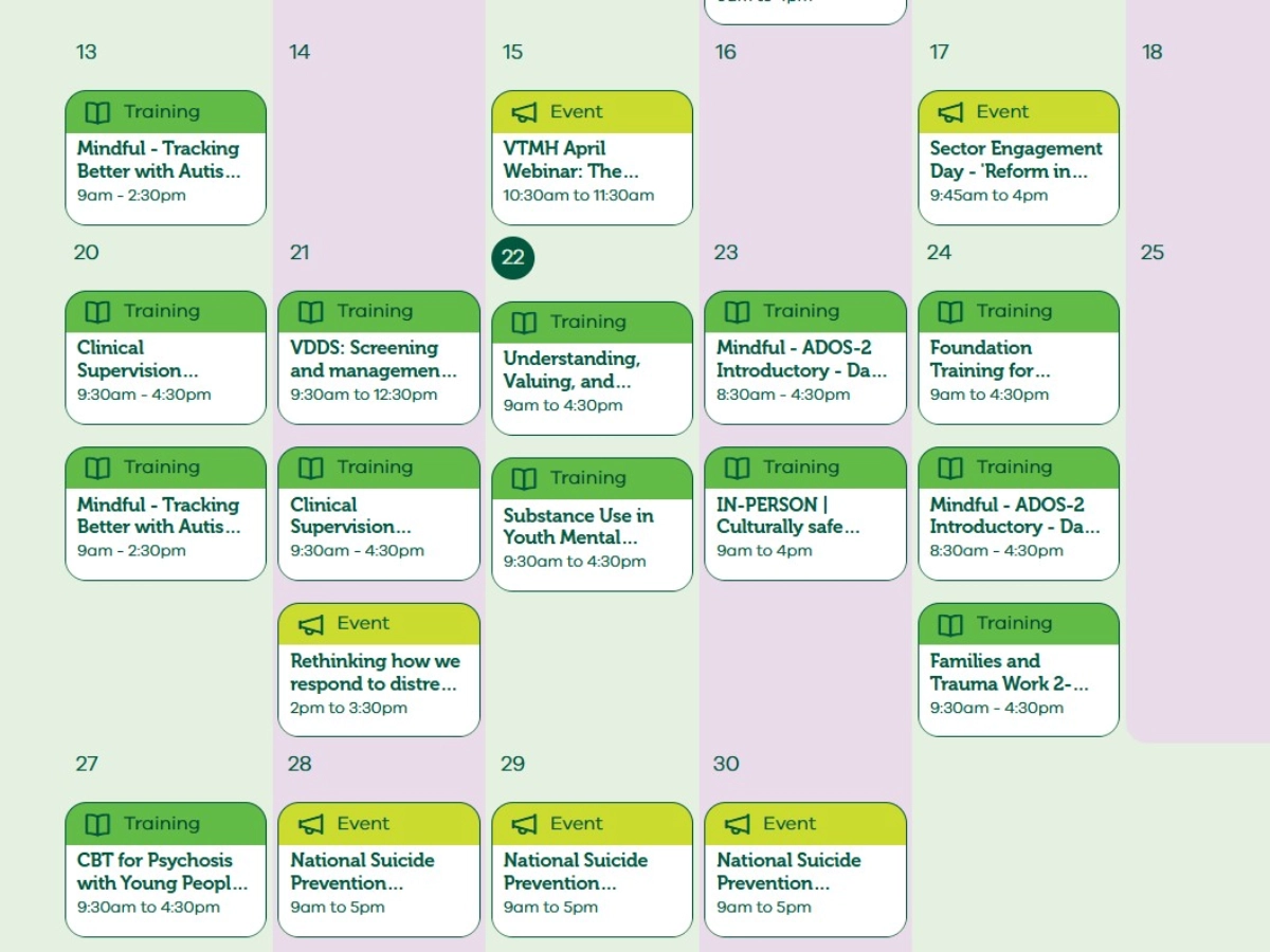 Training events calendar